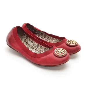 Damen-Ballerinas Tory Burch Caroline goldfarbenes Logo 9 M rot Leder Slipper Schuhe - Bild 1 von 6