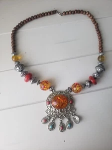Chunky Silver Tone Coral Turquoise Amber Red Wooden Veaded Tassel Necklace - Picture 1 of 9