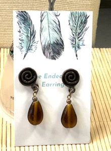 Fashion Earrings Brown Glass Pendant Brass Top Post Pierced Drop LOT 47B - Picture 1 of 3