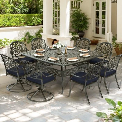 Juego de comedor de porche de aluminio fundido de 9 piezas para patio exterior con cojines Foto 1 de 4