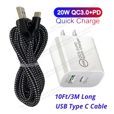 Cable adaptador de corriente USB C cargador de pared rápido PD QC3.0 20 W 10 PIES para Samsung S10 S9 Foto 1 de 4
