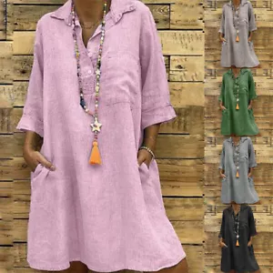 Womens Summer Cotton Linen Midi Dress Ladies Casual Loose Pocket Dresses* - Picture 1 of 16