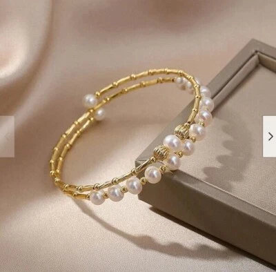 6-7mm AAA Akoya round Real Natural White Pearl Bracelet 7.5-8" 14k Gold - Image 1 of 4