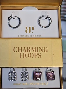 Bomb Party Charming Hoops Shimmering Duo Rose Quartz Diamond CZ Hematite plating - Picture 1 of 5