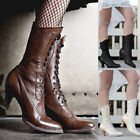 Ladies Retro Mid-Calf Boots Women Kitten Heels Lace Up Riding Shoes Round Toe