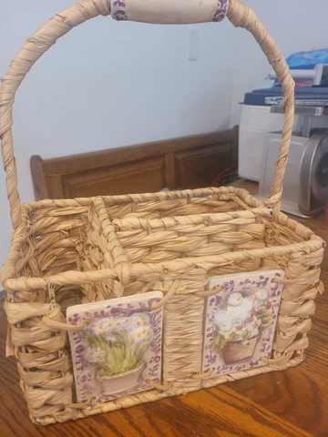 Wicker Compartment Basket With Pretty Ceramic Floral Handle Bamboo Straw Cover