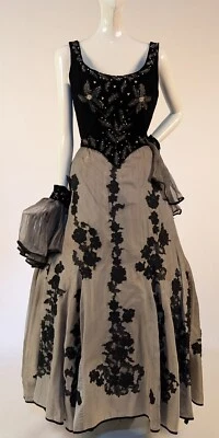 1940’S BEADED VELVET COSTUME DRESS W BELL SILK DE CHINE WRISTLETS - Image 1 of 4