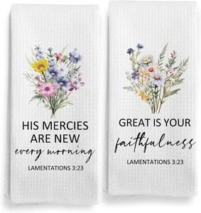 Christian Floral Kitchen Towels Set with Lamentations 3:23 Bible Verse - Picture 1 of 12