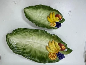 Fitz and Floyd Classics Banana Leaf Fruit Platters Set of 2 Handcrafted China - Picture 1 of 6