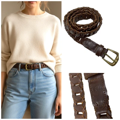 Vintage 1980's Etienne Aigner Sz XL Brown Leather Woven Belt Brass Buckle Preppy - Image 1 of 4