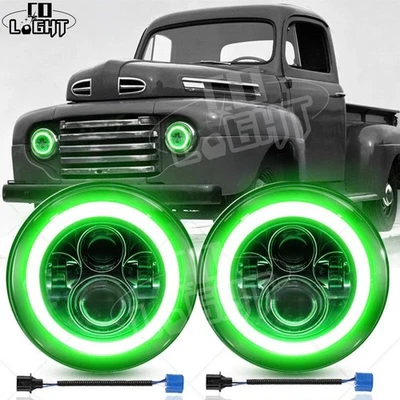 Круглые 7-дюймовые светодиодные фары для Ford F1 1948-1952 годов выпуска Halo Angel Eyes зеленые дневные ходовые огни 2 шт. - Изображение 1 из 4