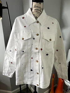 Quacker Factory Embroidered Denim Jacket Size 1X White Red Blue Stars Patriotic - Picture 1 of 10