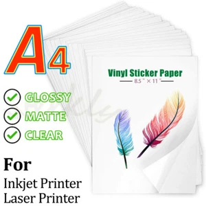 Printable Vinyl Sticker Paper 8.5x11 Glossy Matte Clear for Inkjet Laser Printer - Afbeelding 1 van 26