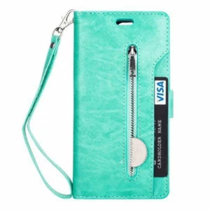 for iPhone 6/6s Leather Card Holding Zipper Case w/Strap MINT GREEN - Picture 1 of 2