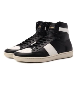 SAINT LAURENT Alpha Sigma Zapatillas altas de cuero blanco y negro 9 42 auténticas - Imagen 1 de 15