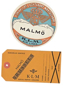 KLM AIRLINE BAGGAGE LABEL & TAG , TO MALMO, SWEDEN , M, NH, ROYAL DUTCH SRV - Picture 1 of 2