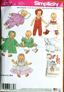 SIMPLICITY PATTERN 4707 BABY DOLL CLOTHES 12" TO 22" COAT HAT DRESS PJS NEW - Picture 1 of 2