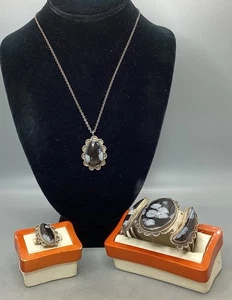 Juego de pulsera, anillo y collar de plata de ley de obsidiana copo de nieve - Imagen 1 de 20
