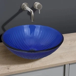 Glass Vessel Sink Bathroom Tempered Glass Artistic Round Blue Pop-Up Drain - Picture 1 of 7