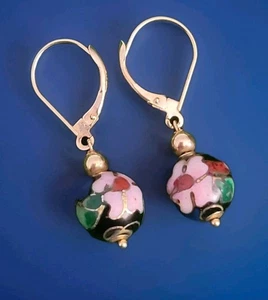 14k Solid Yellow Gold Floral Cloisonne` Ball Dangle Earrings ZZ 585 - 3g Vintage - Picture 1 of 12