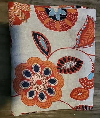 Crate & Barrel Mod Floral Print Linen Table Runner Orange Blue 90" X 14" - Image 1 of 3