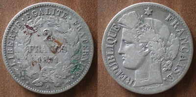 France 2 Francs 1871 A Silver Cent Frc Frcs Franc Free Shipping Worldwide - Image 1 of 3