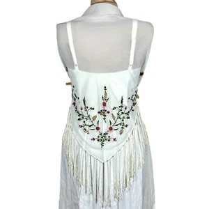 Floral Embroidered Shawl Fringe Trim Triangle Scarf Sheer Boho Festival White - Picture 1 of 10