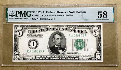 1928A $5 FRN BOSTON PMG   A 14050895 A - Image 1 of 3
