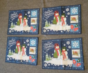 4 manteles individuales cuadrados de San Nicolás 100 % algodón para decoración de mesa 4 muñecos de nieve azules WISHES - Imagen 1 de 11
