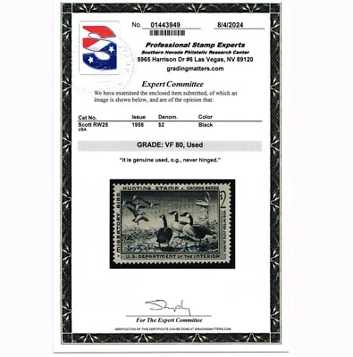 EXCELLENT GENUINE SCOTT #RW25 USED OG NH DUCK STAMP PSE CERT GRADED VF-80 - Image 1 of 3