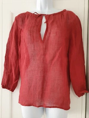 Womens Eileen Fisher Chilli Red Rust Linen Gauze Airy Boxy Tie Neck Top XS New. - Image 1 of 4