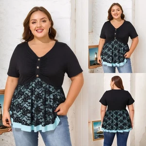 UK Womens Plus Size Lace V Neck T-Shirt Tunic Tops Buttons Short Sleeve Blouse - Picture 1 of 15