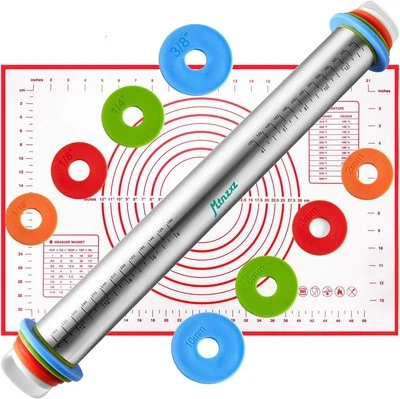 Rolling Pin And Silicone Baking Pastry Mat Set, Stainless Steel Dough Roller, - Image 1 of 4