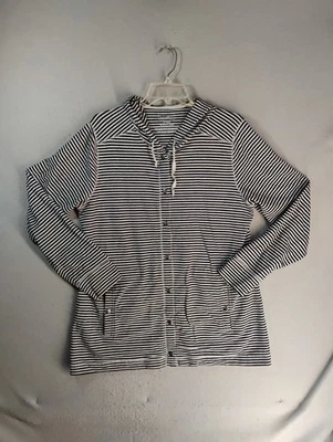 LL Bean Womens Jacket Large White Striped Hooded Drawstring Snap Button Pockets - Image 1 of 4
