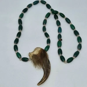 ANTIQUE WATERMELON VENETIAN CHEVRON GREEN GLASS TRADE BEADS NECKLACE W/CLAW - Picture 1 of 6