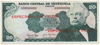 VENEZUELA, 20 Bolívares, Abril-23-1974, Serie A7, UNC. **ESPECIMEN SIN VALOR** - Image 1 of 2