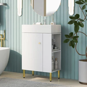 21.6" Small Bathroom Vanity with Ceramic Sink Top with 1 Door and Side Shelves - Picture 1 of 16