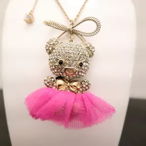 Betsey Johnson necklace teddy bear in ballerina costume magenta pink tutu signed - Picture 1 of 12