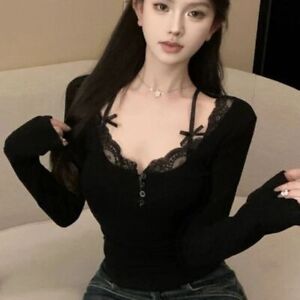 Patchwork Long-sleeved Shirt Bow Lace Base Top Fashion Thin Lace Top  Women