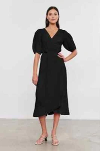 VELVET By Graham & Spencer Dalene Woven Linen Wrap Dress Black S $308 H5 - Picture 1 of 6