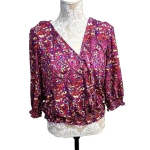 Melloday Top Purple Print Faux Wrap 3/4 Sleeves Women's Medium - Picture 1 of 8