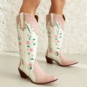 Womens Western Cowboy Boots Chunky Mid Heel Embroidery Knight Boots Pull On - Imagen 1 de 9