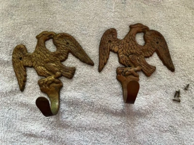 2 Vintage Solid Brass American Eagle Wall Mount Coat Towel Hooks 4" - Image 1 of 4