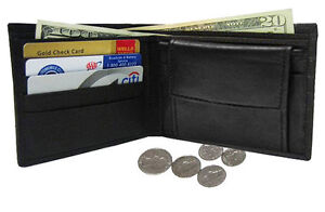 Black Genuine Leather Men's Bifold 5 Credit Card Money Wallet with Coin Pouch