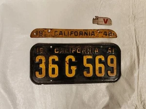 Vintage 1941 CALIFORNIA LICENSE PLATE with 1942 Topper & V Tag - Picture 1 of 13