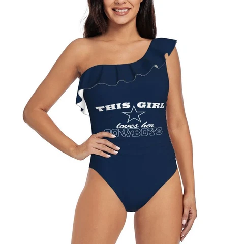 This Girl Loves Her Dallas Cowboys Women's One Shoulder Ruffle Swimsuits Cover