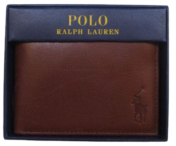 GENUINE POLO RALPH LAUREN BROWN LEATHER PASSCASE BIFOLD WALLET NEW IN GIFT BOX