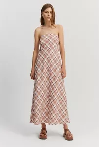 COUNTRY ROAD LINEN MAXI DRESS in Nougat Check RRP$229 size 14 - Picture 1 of 4