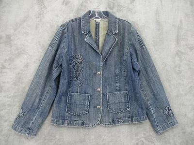 Christopher & Banks Jacket Womens Large Denim Embroidered Floral Pockets Blue - Image 1 of 4