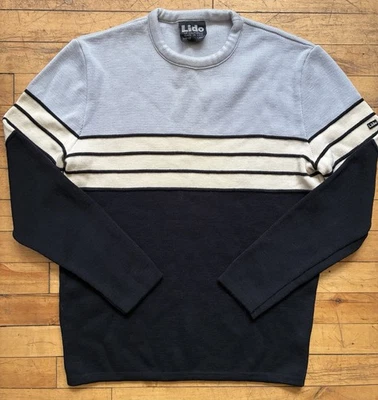 Vtg Lido of CA 100% Wool Crewneck Ski Sweater Striped Retro Blk Gray Beige S/M - Image 1 of 4